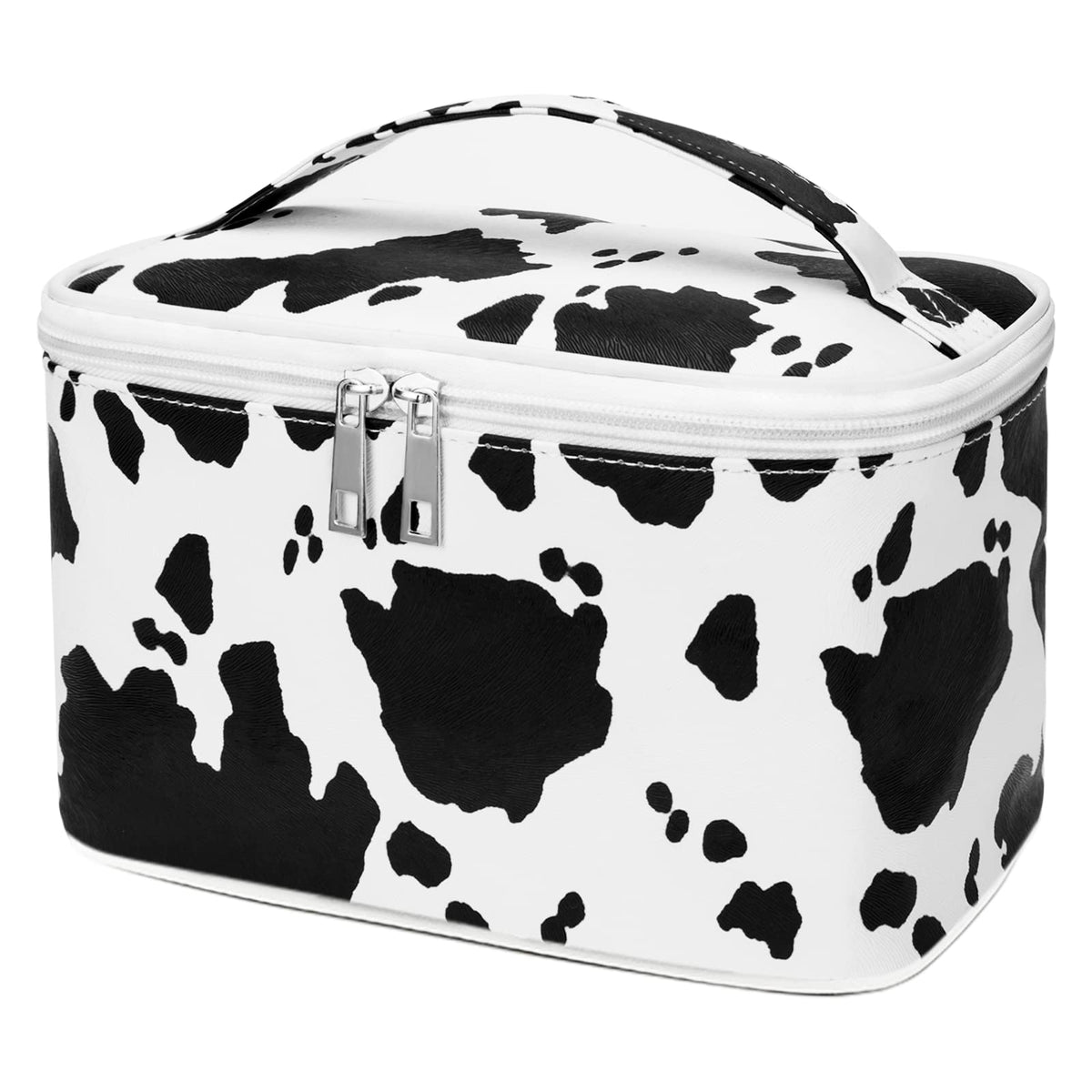 IMCUZUR cow print travel makeup bag front view for compact, organized travel essentials.