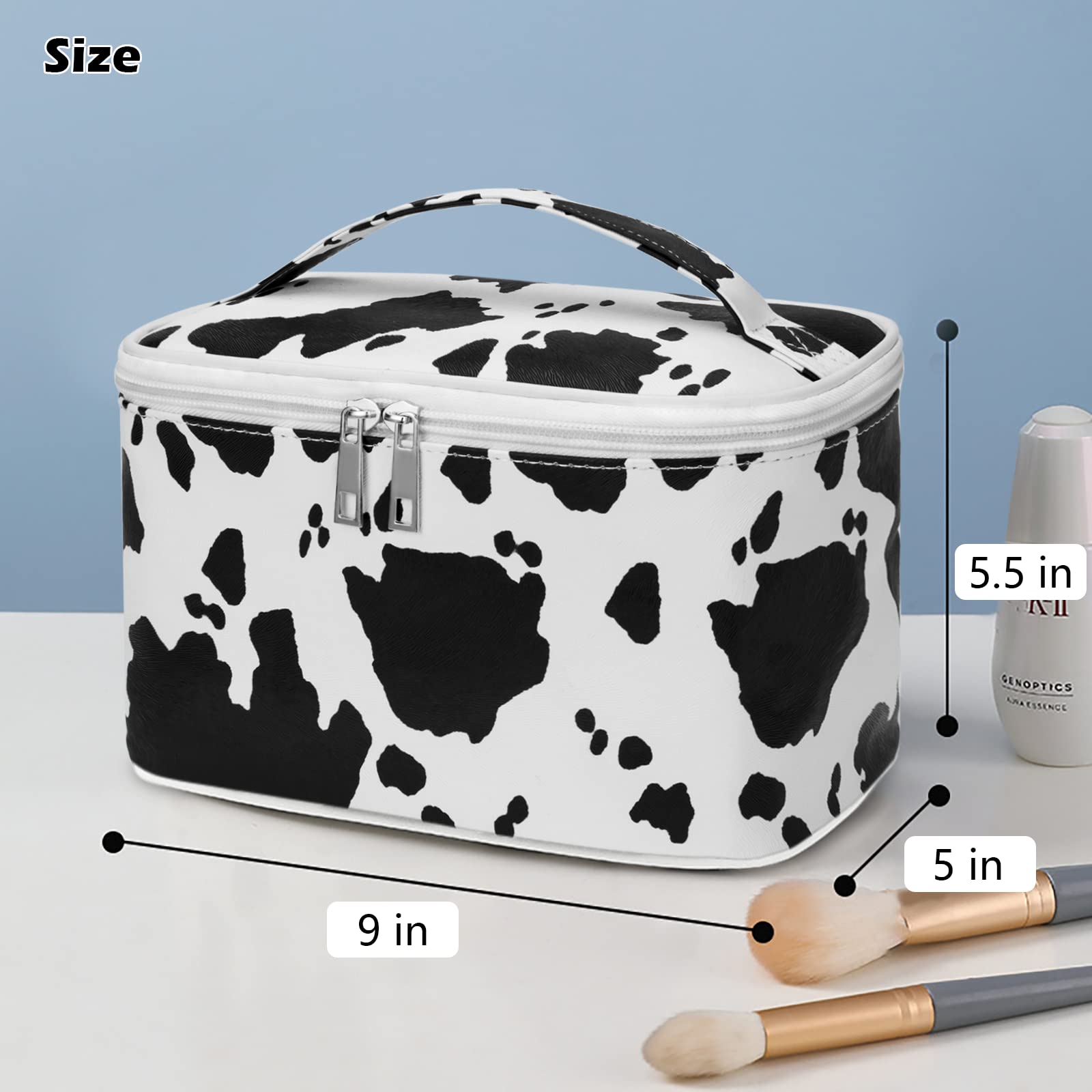 IMCUZUR cow print bag interior main compartment and brush slot for easy makeup access.