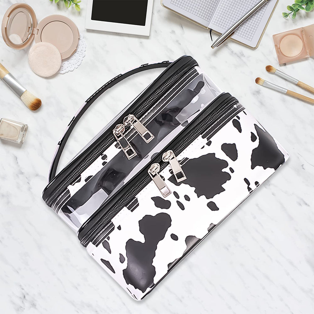 Imerelez cow print makeup bag side view highlighting waterproof exterior for travel.