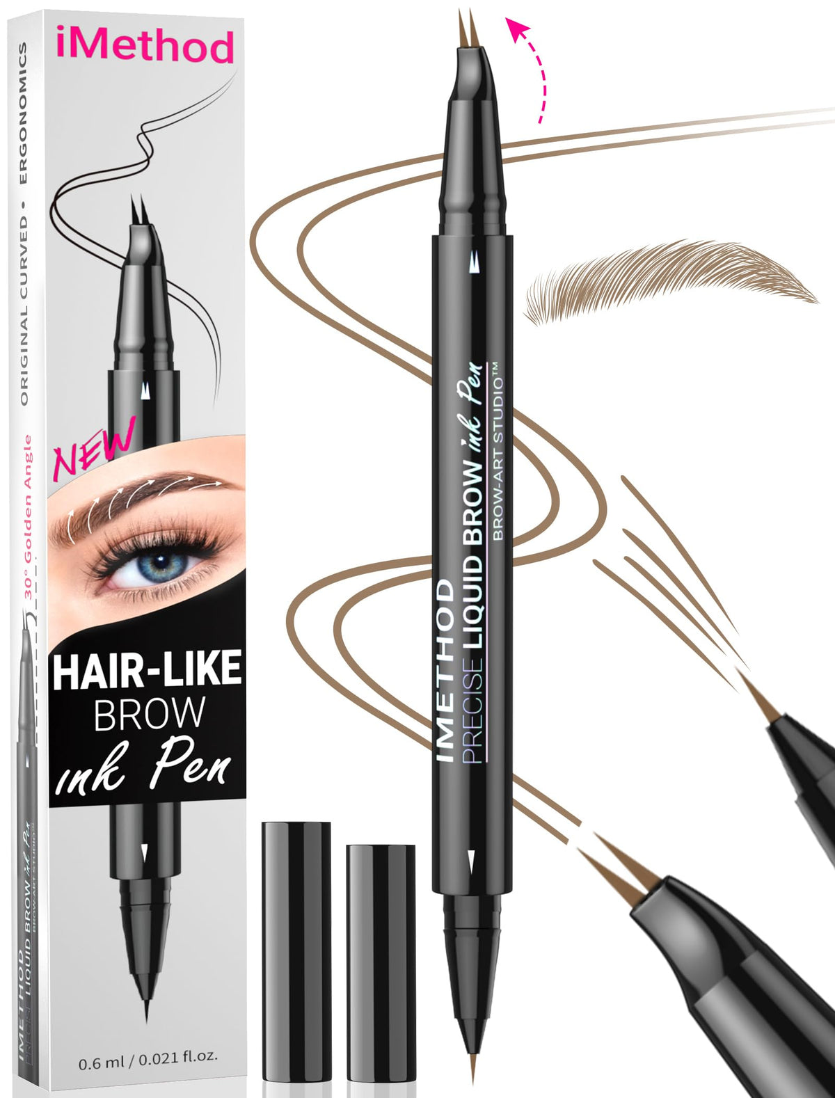 iMethod Curved Eyebrow Pen curved tip creates natural hair-like strokes.