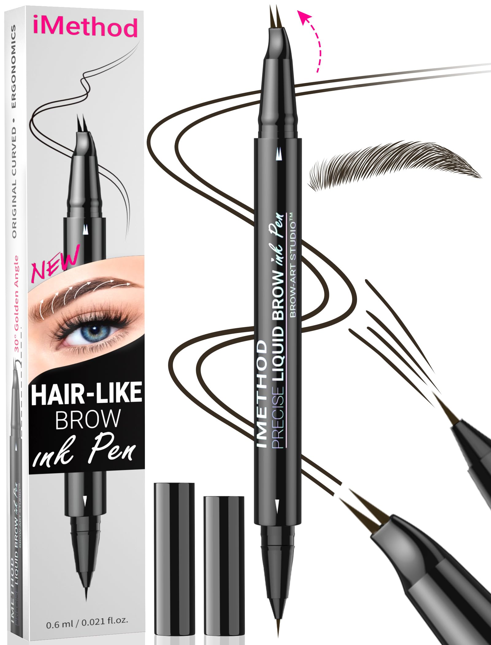 iMethod Curved Eyebrow Pen curved-tip creates natural hair-like strokes for precise brows.