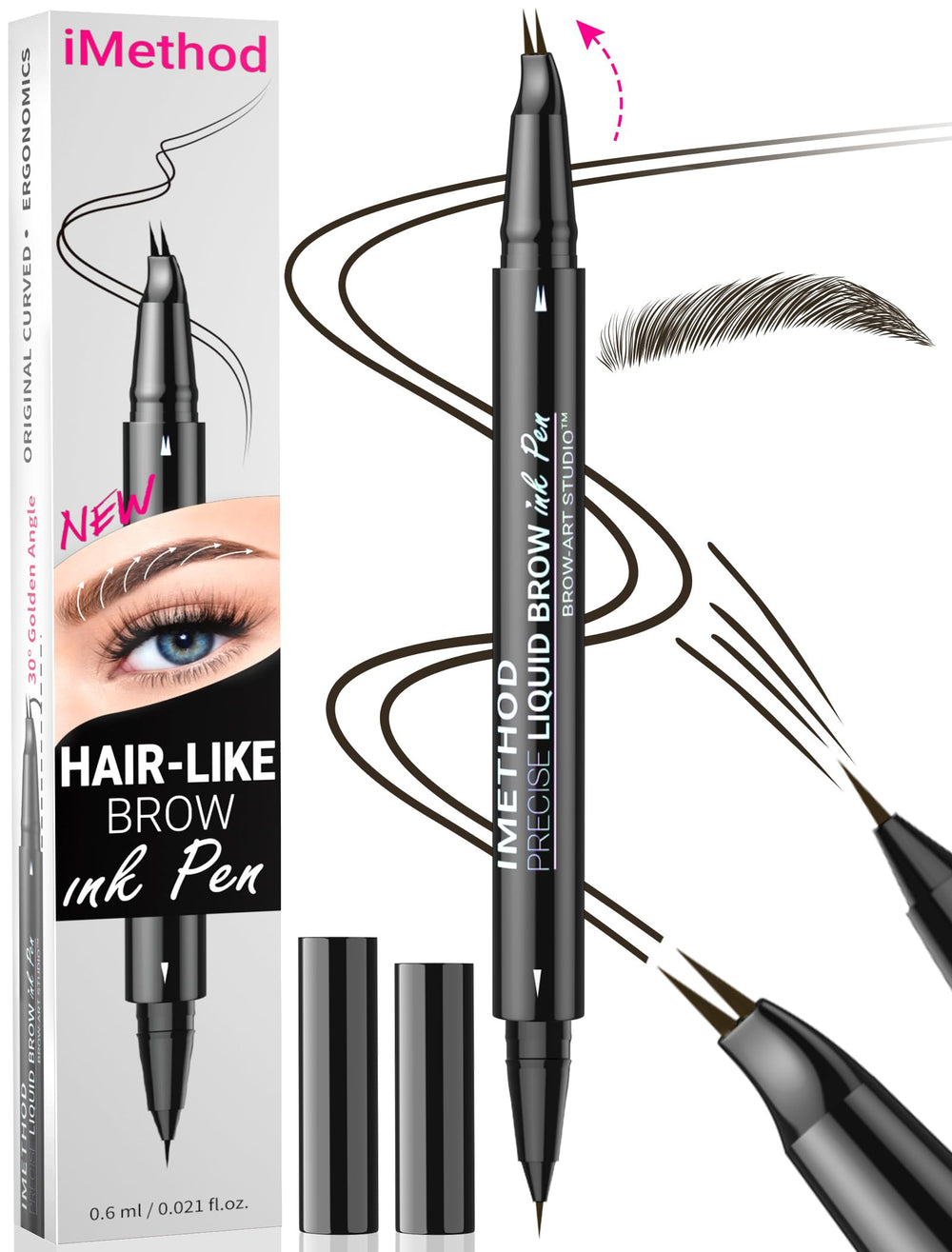 iMethod Curved Eyebrow Pen curved-tip creates natural hair-like strokes for precise brows.