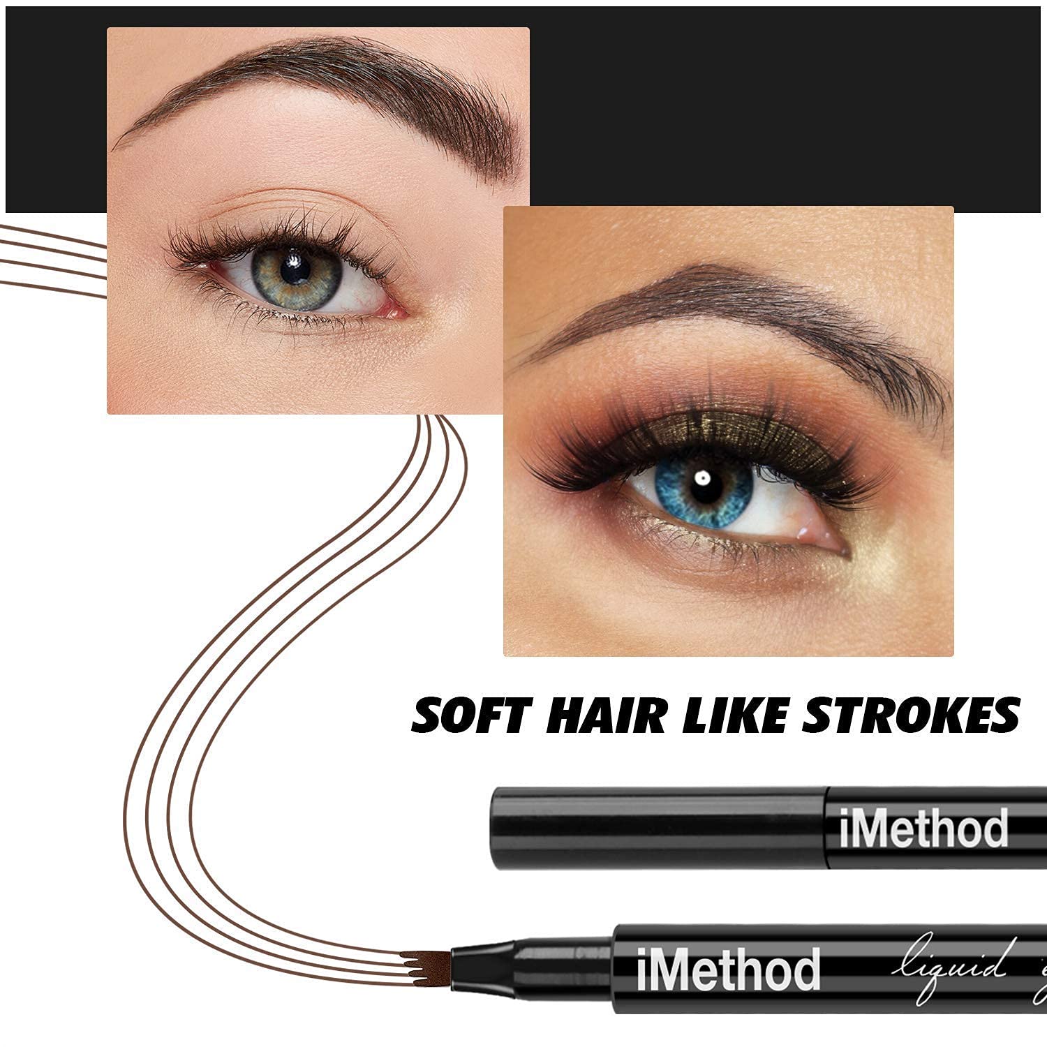 iMethod Eyebrow Pen hair-stroke demo illustrating natural 3D brows