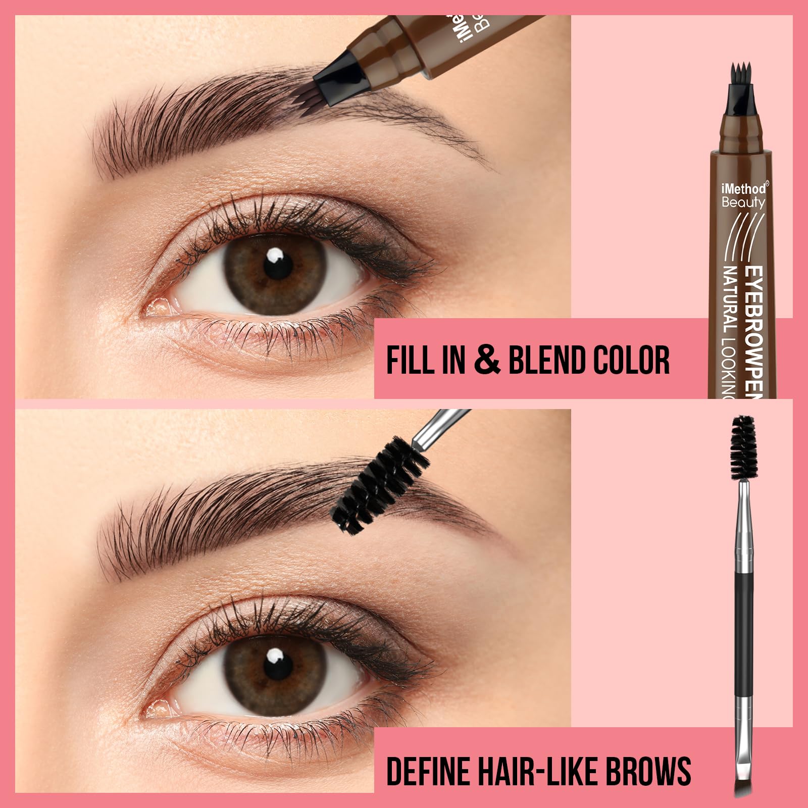 iMethod Eyebrow Pen light brown swatches for dark blonde to light brown hair.