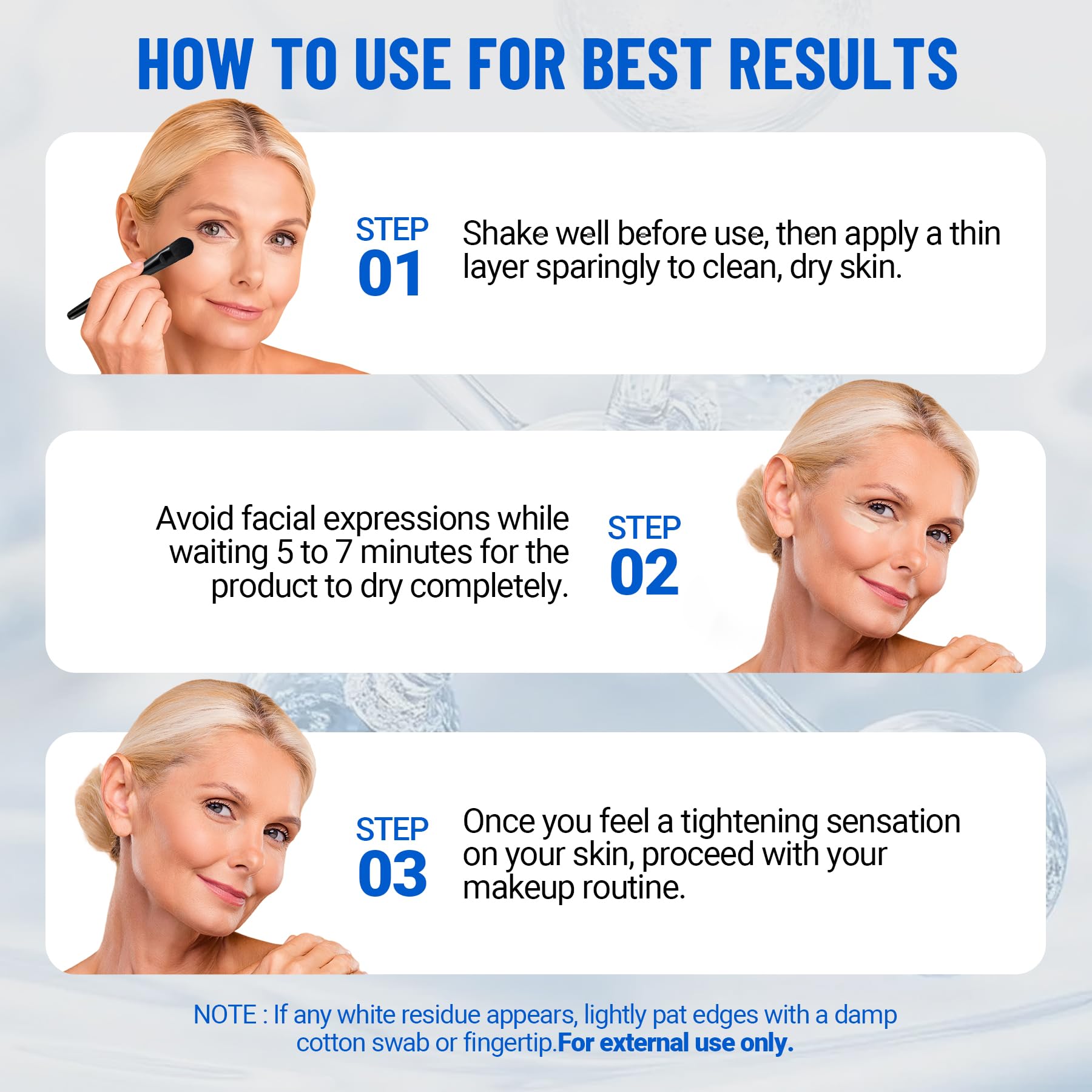 iMethod Perfection Eye Tightener drying time image demonstrates a 5–7 minute wait before makeup