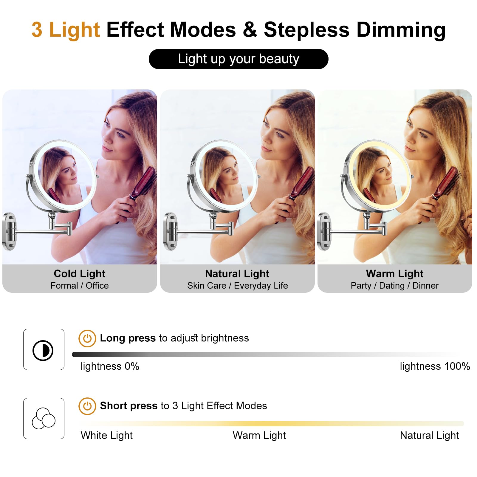 IMIKONA 9-inch mirror with three-color lighting for customizing mood lighting