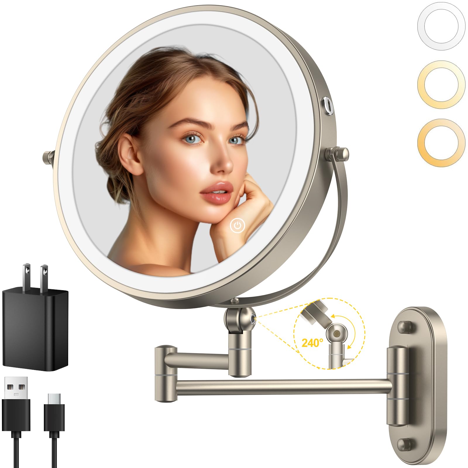 IMIKONA 9-inch wall-mounted mirror with extendable arm for precise makeup application.