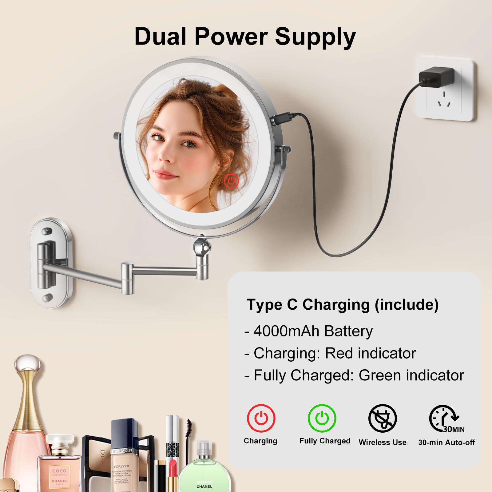 IMIKONA rechargeable 4000mAh mirror with cordless operation after charge