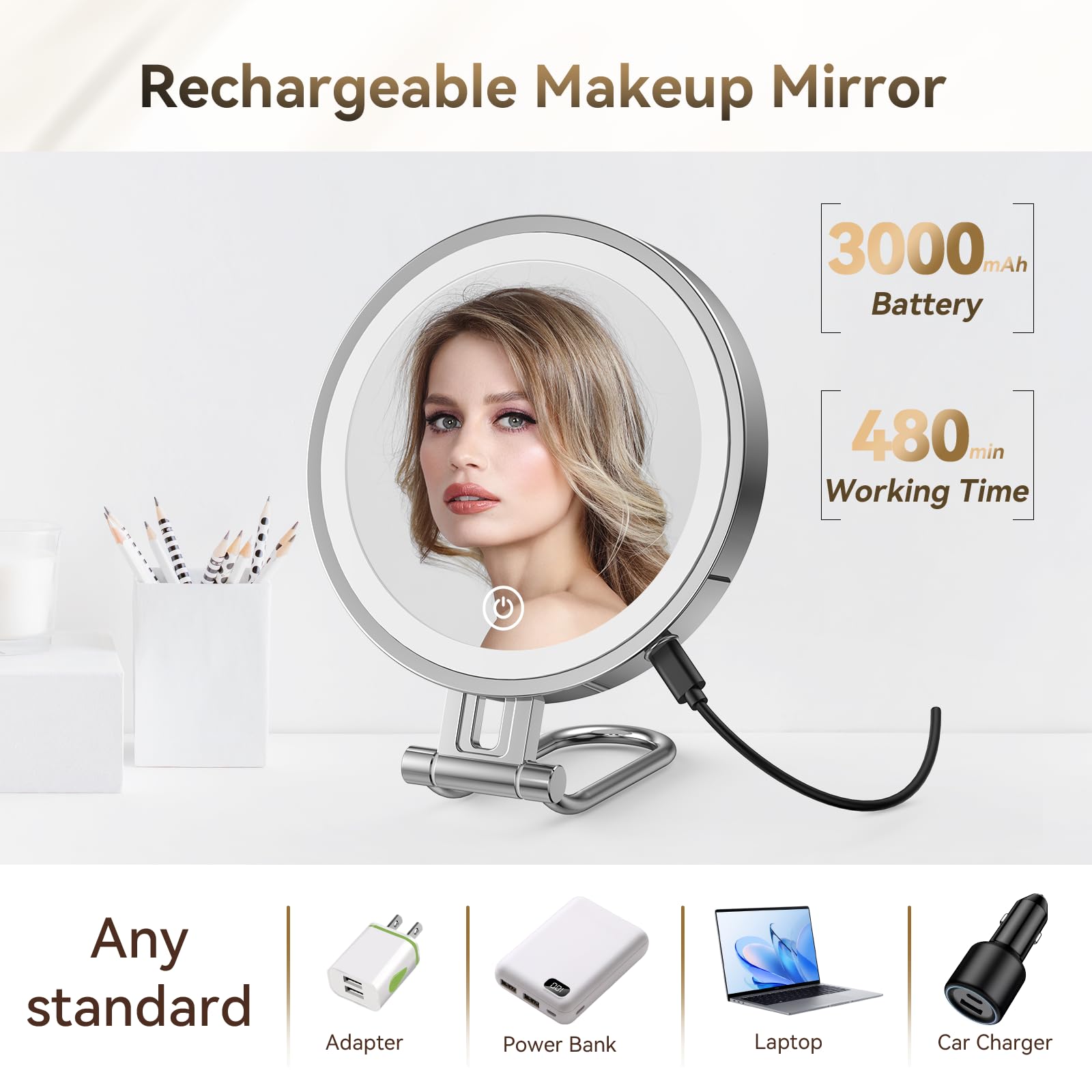 IMIKONA-foldable-handle-travel-mirror: 3-in-1 versatility as hand, desk, or hanging mirror.