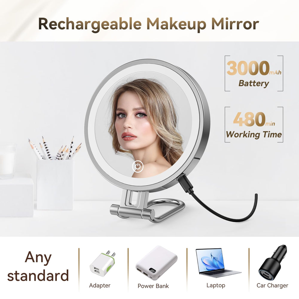 IMIKONA-foldable-handle-travel-mirror: 3-in-1 versatility as hand, desk, or hanging mirror.