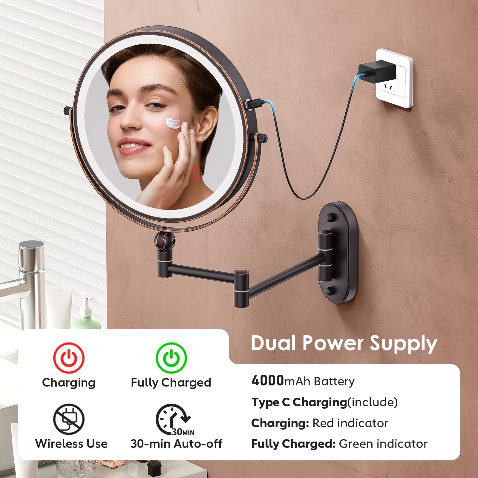 IMIKONA LED three-color dimmable lighting on bronze wall mirror for accurate looks