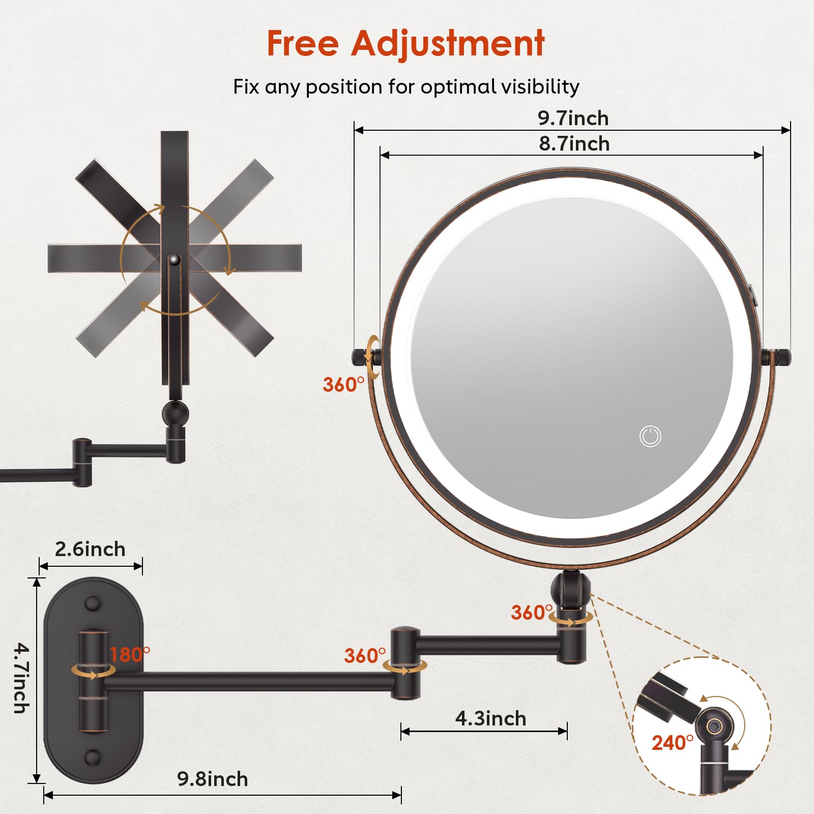 IMIKONA extendable arm wall-mount bronze mirror adjustable angle for shaving and skincare