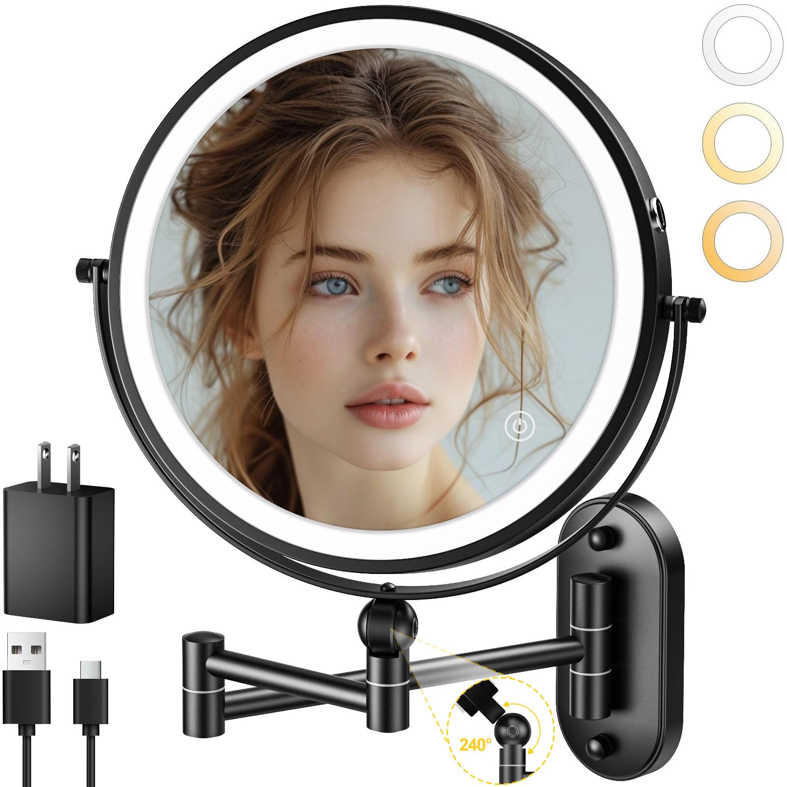 IMIKONA wall-mounted makeup mirror shows the 9-inch surface for hands-free grooming and space saving.