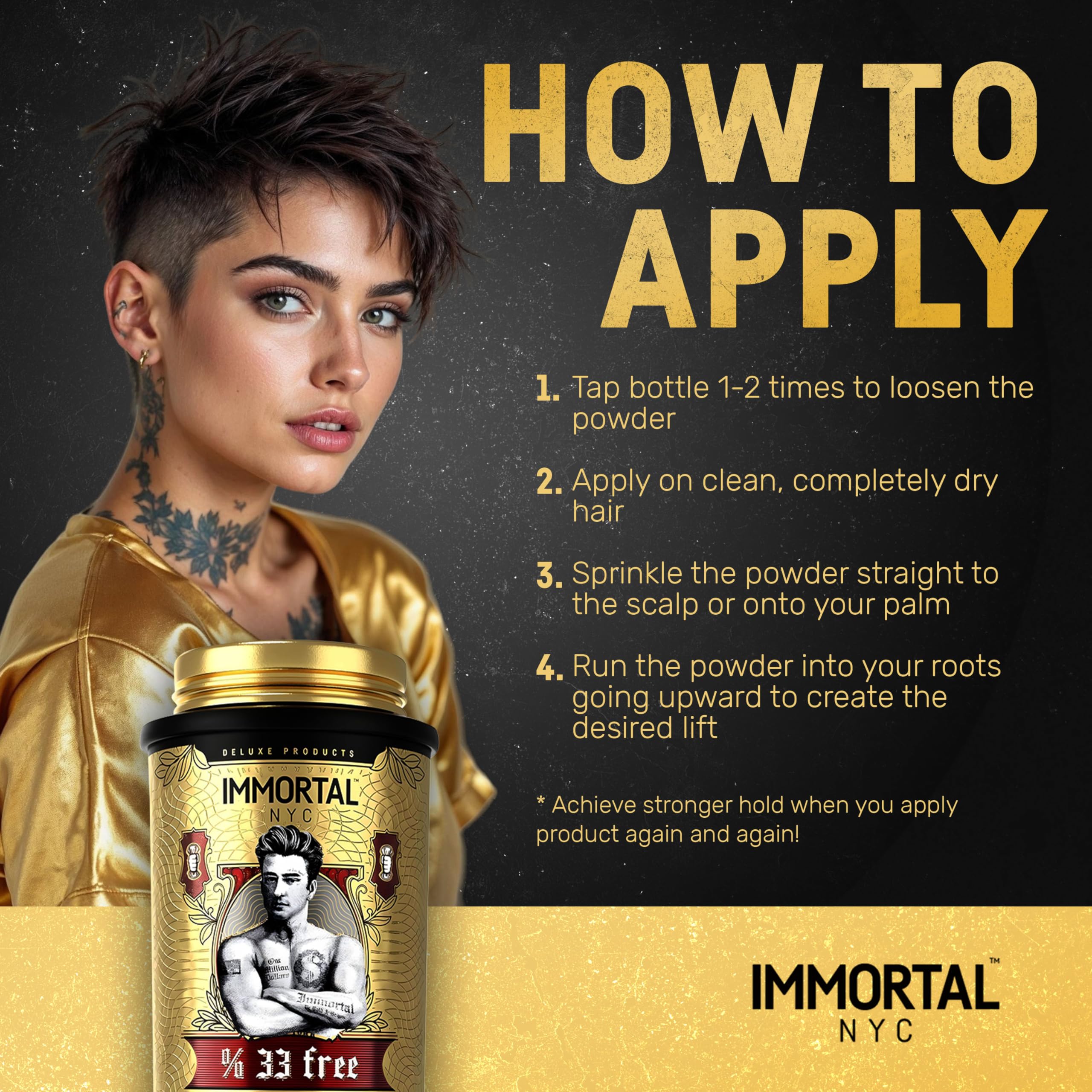 Immortal NYC hands styling powder demonstrating portable, mess-free use