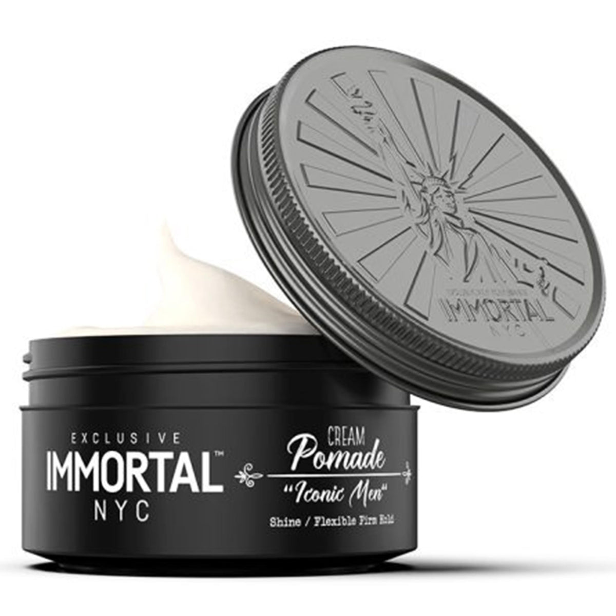 Immortal NYC Iconic Men Cream Pomade jar showing flexible medium hold for all hair types