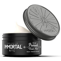 Immortal NYC Iconic Men Cream Pomade jar showing flexible medium hold for all hair types