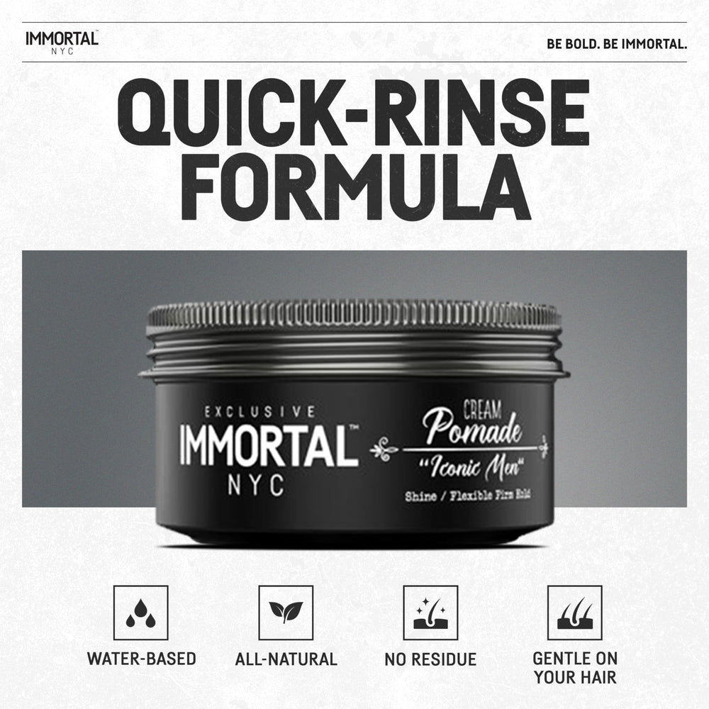Palm applying Immortal NYC Iconic Men Cream Pomade for easy wash and glide