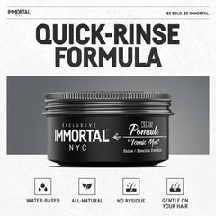 Palm applying Immortal NYC Iconic Men Cream Pomade for easy wash and glide