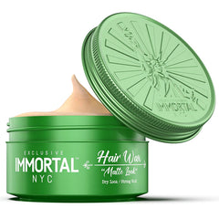 Immortal NYC Matte Look Hair Wax packaging shows compact, travel-friendly design.