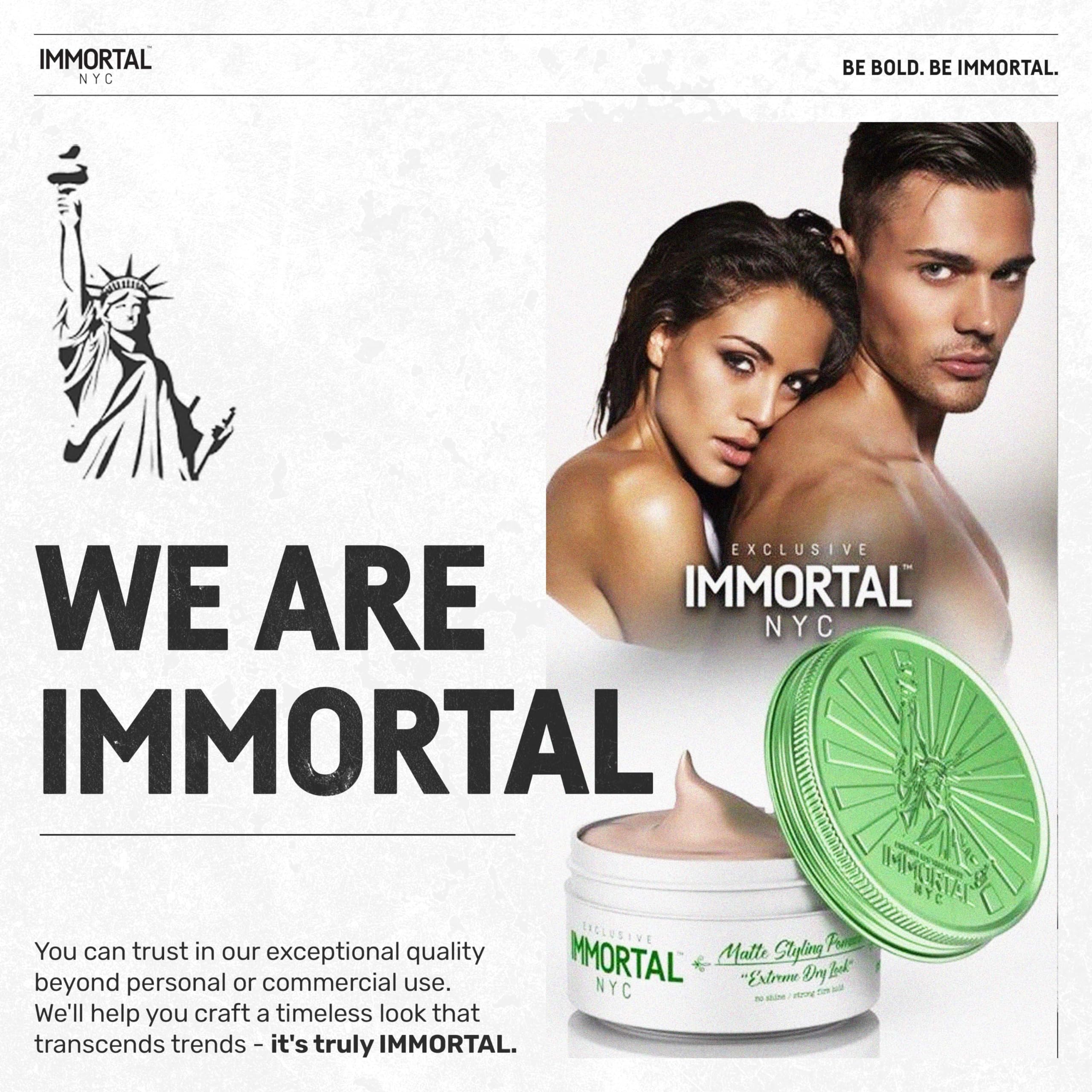 Immortal NYC Matte Styling Extreme Dry Look Pomade all-natural ingredients label display.