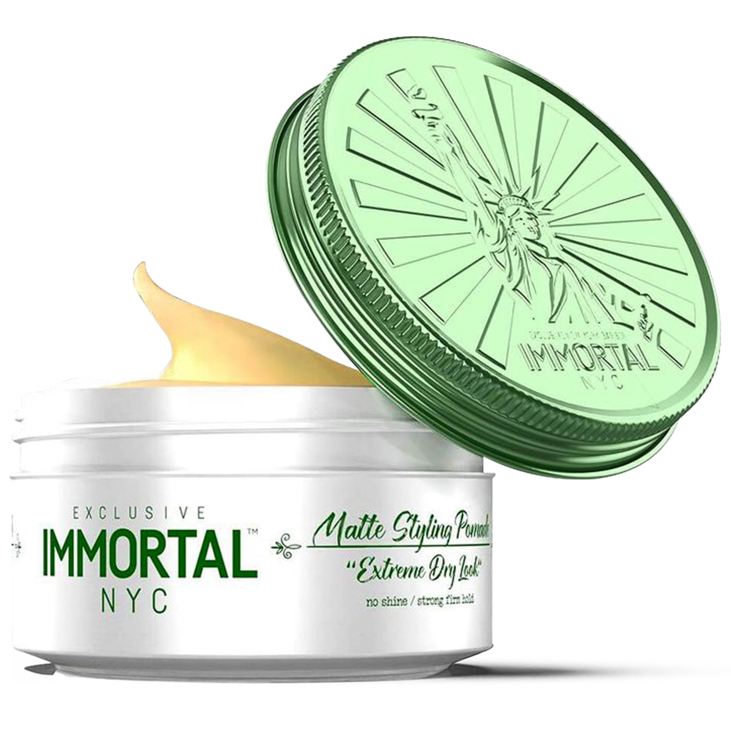 Immortal NYC Matte Styling Extreme Dry Look Pomade bottle closeup showing strong matte hold.