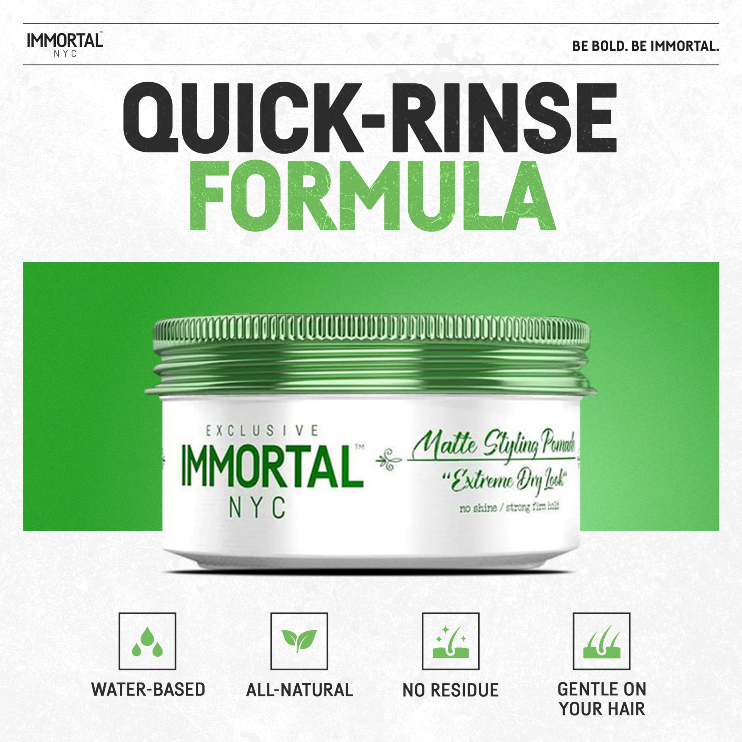Immortal NYC Matte Styling Extreme Dry Look Pomade close-up showing matte texture on hair.