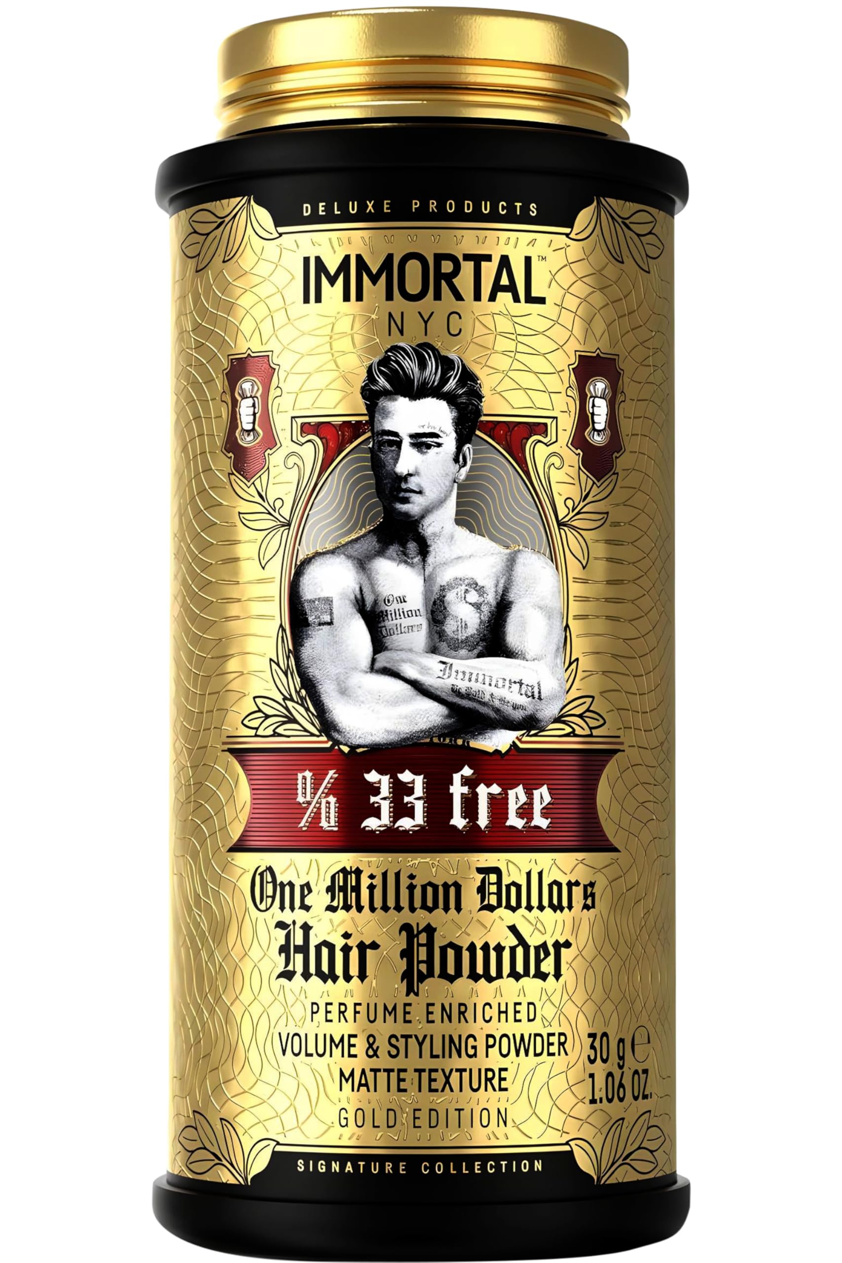 Immortal NYC One Million Dollars powder jar showing natural all-day hold and clean finish