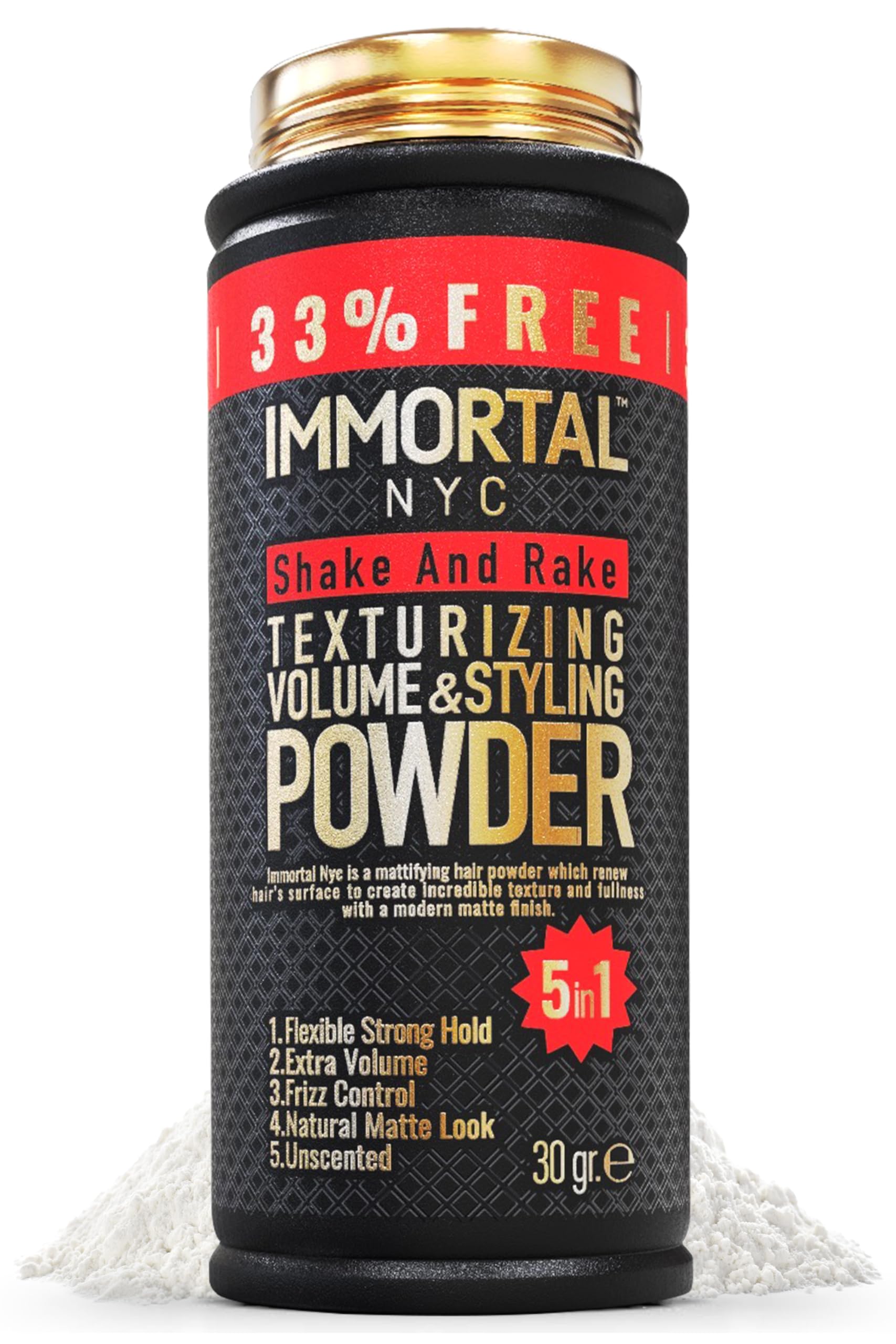 Immortal NYC Shake and Rake bottle shows unscented, matte finish styling.