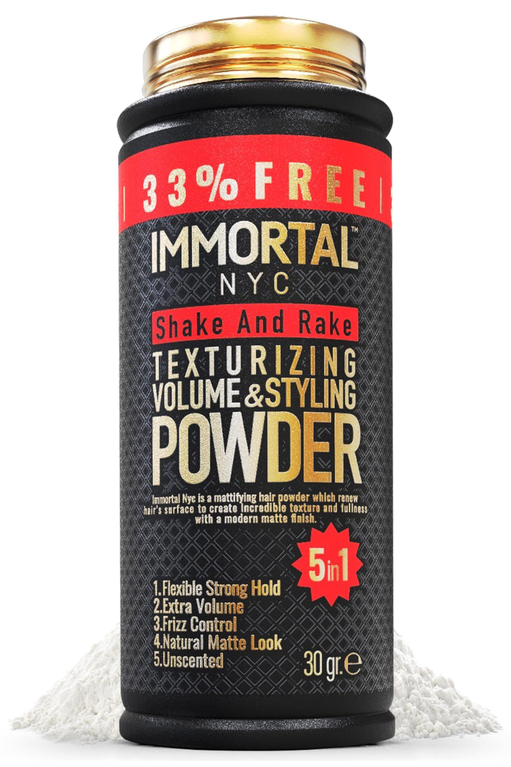 Immortal NYC Shake and Rake bottle shows unscented, matte finish styling.