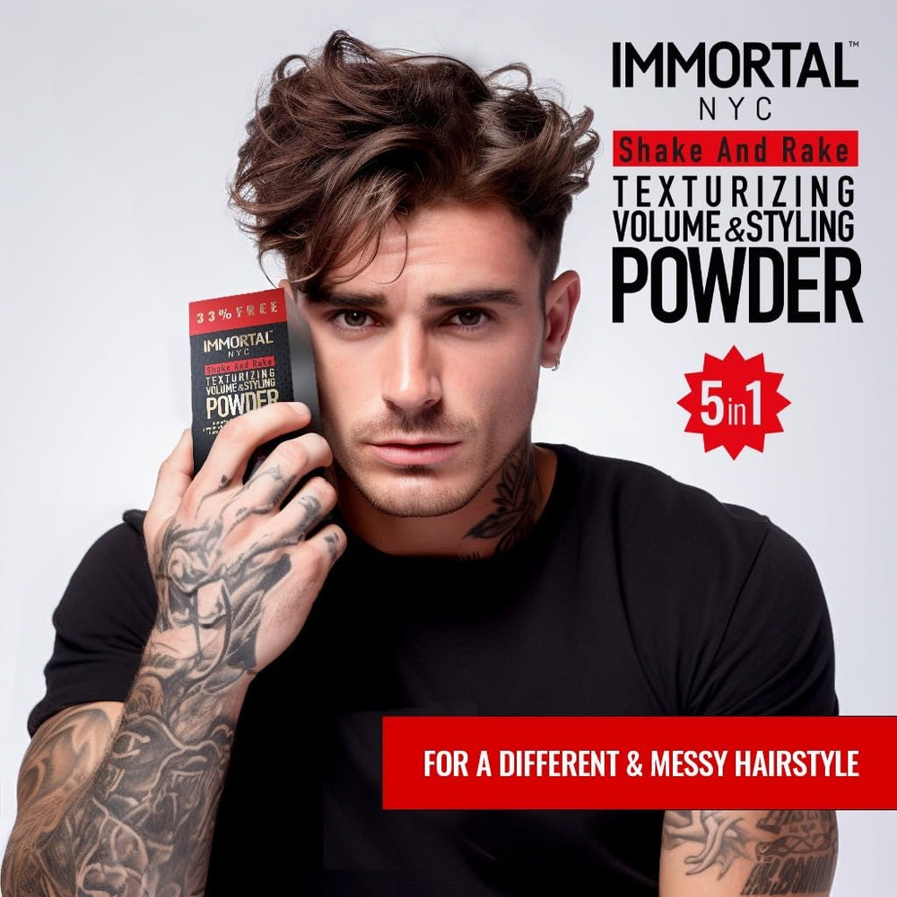 Immortal NYC Shake and Rake powder-dispense close-up for easy daily use.