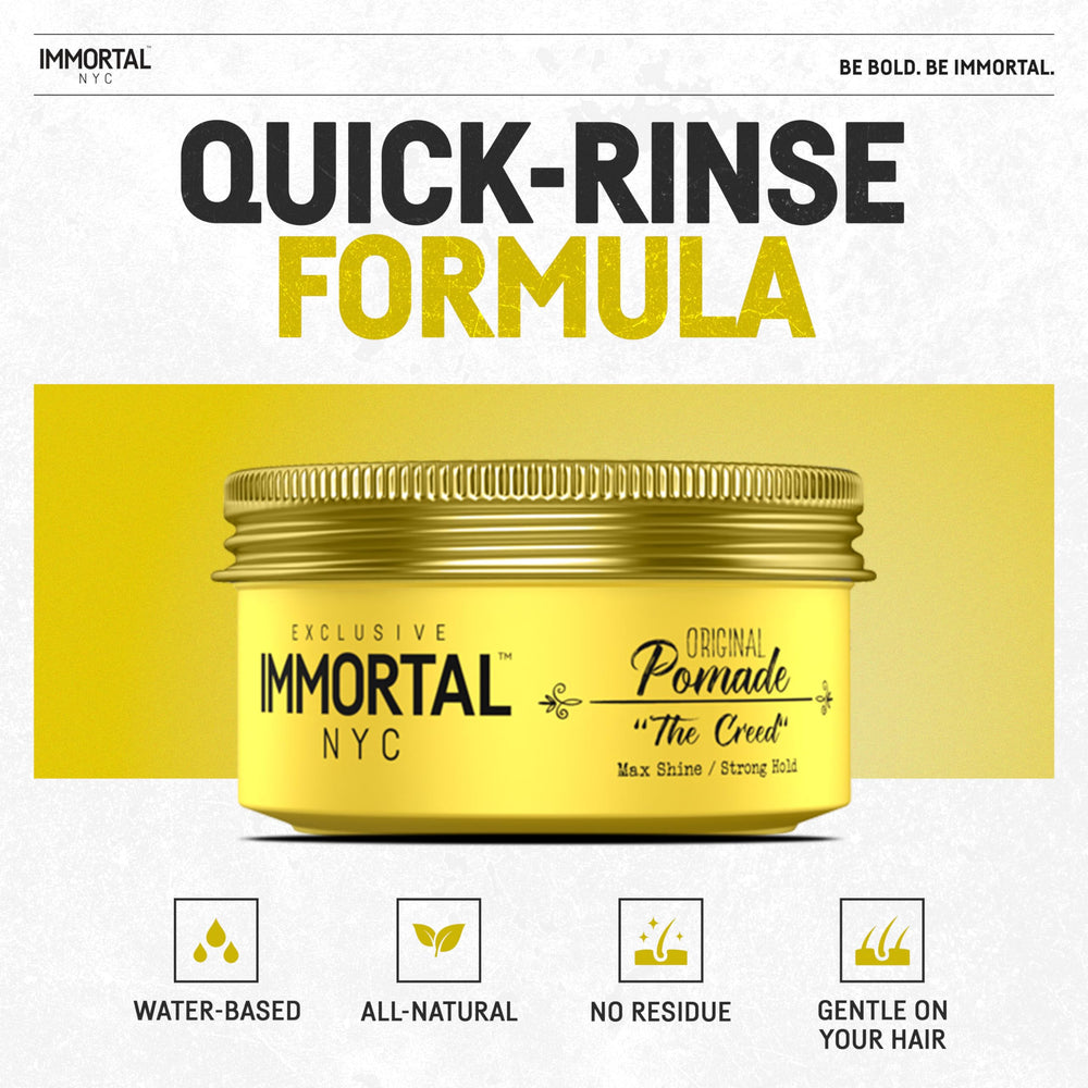 Immortal NYC Creed pomade gloss finish shot demonstrates radiant shine and defined texture.