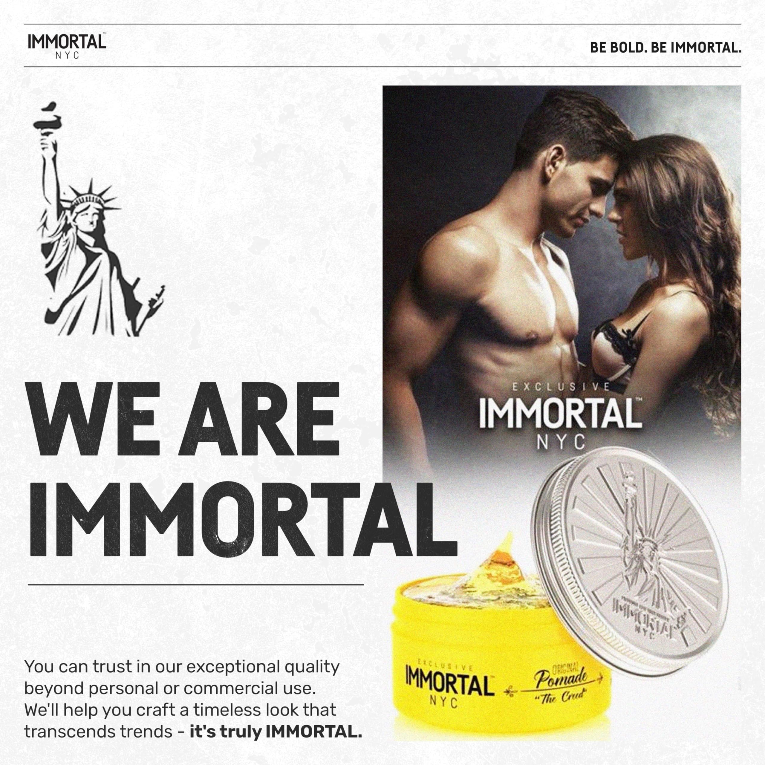 Immortal NYC Creed pomade packaging close-up signals premium all-natural haircare.