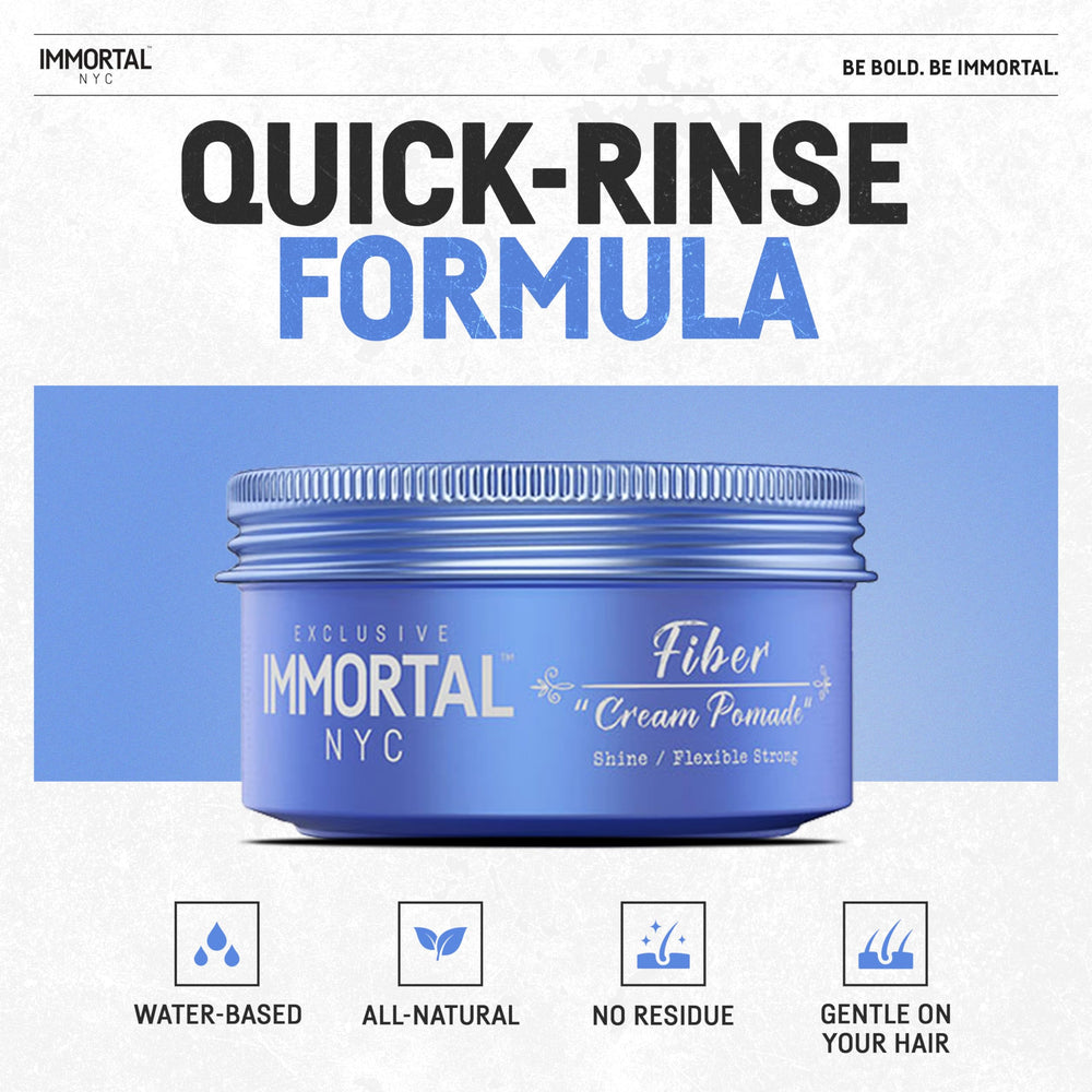 Immortal NYC Fiber Cream Pomade being applied for a pliable easy to manage hold.