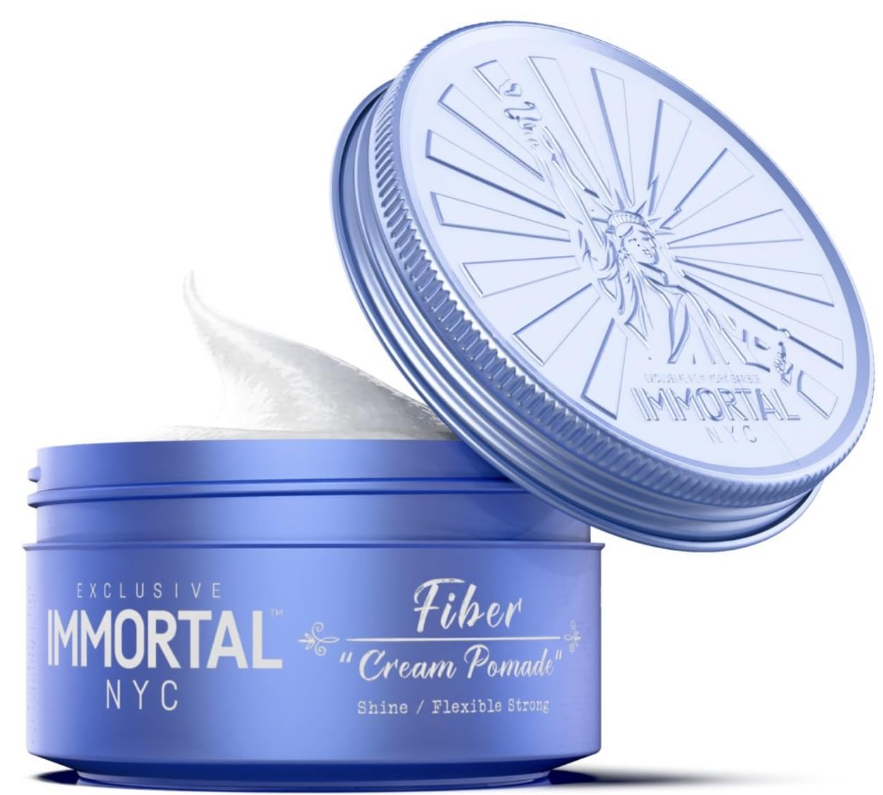 Immortal NYC Fiber Cream Pomade jar shows matte finish with flexible strong hold for defined styles.