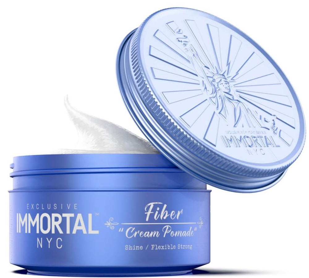 Immortal NYC Fiber Cream Pomade jar shows matte finish with flexible strong hold for defined styles.