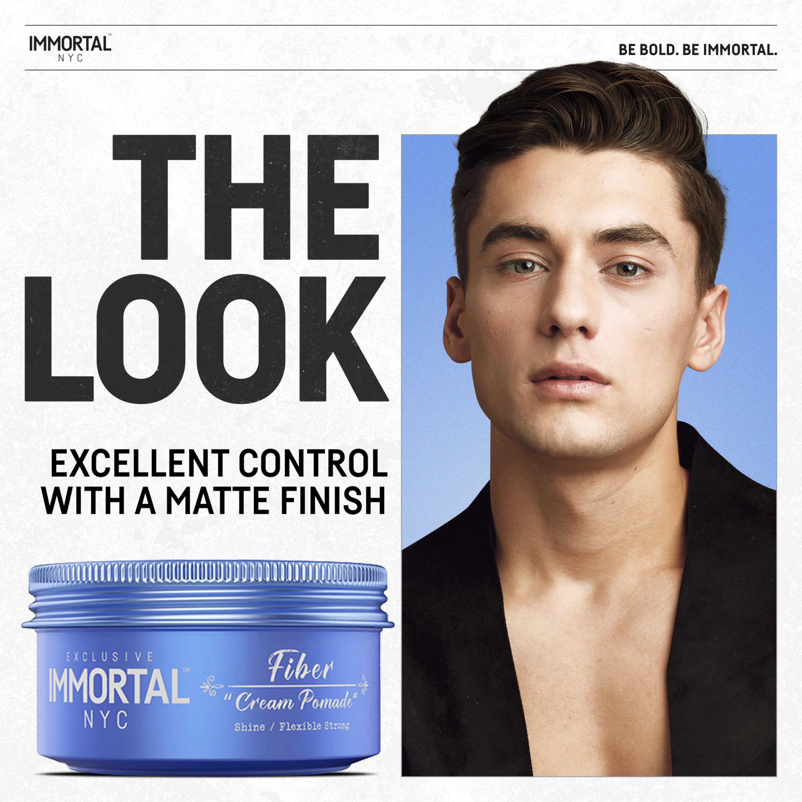 Immortal NYC Fiber Cream Pomade packaging highlights clean all natural ingredients for healthier styling.
