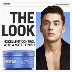 Immortal NYC Fiber Cream Pomade packaging highlights clean all natural ingredients for healthier styling.