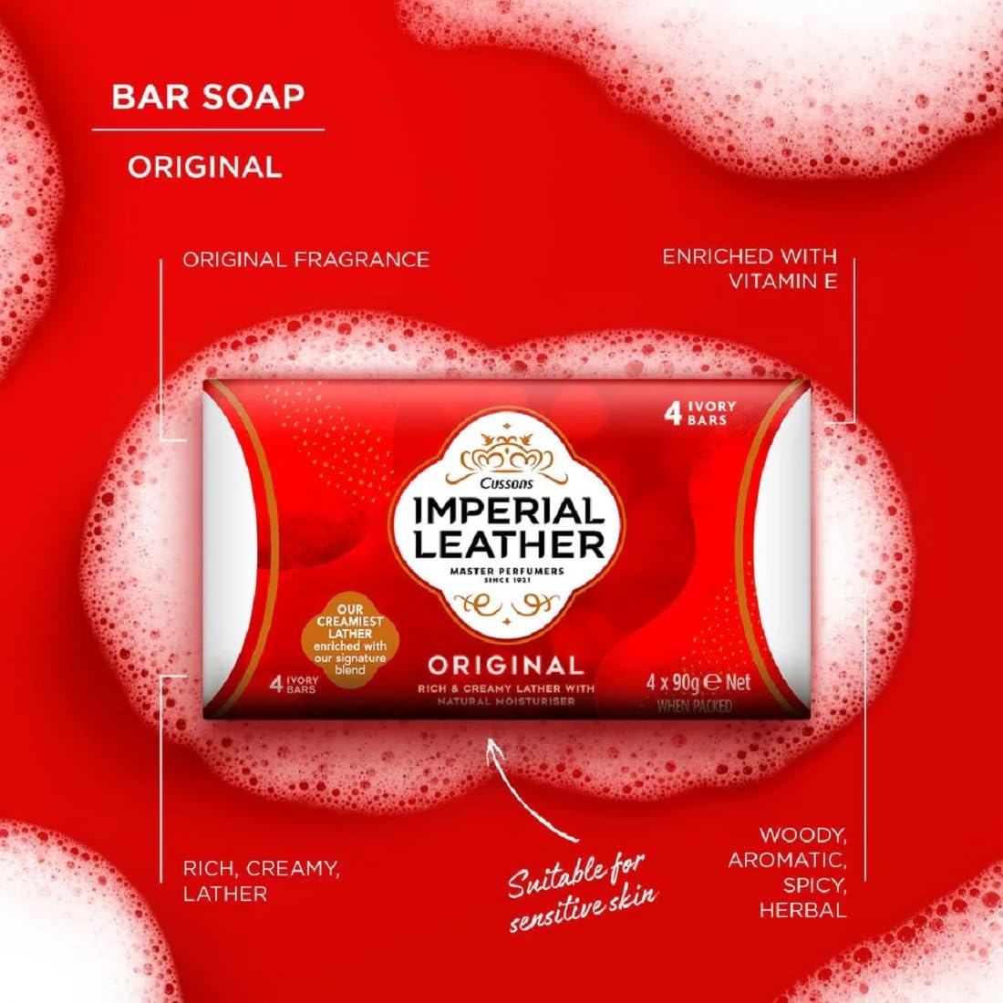 Imperial Leather badge on the soap bar signals premium quality heritage.