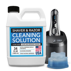 IMPRESA Shaver Cleaning Solution bottle ready for quick cartridge refills.