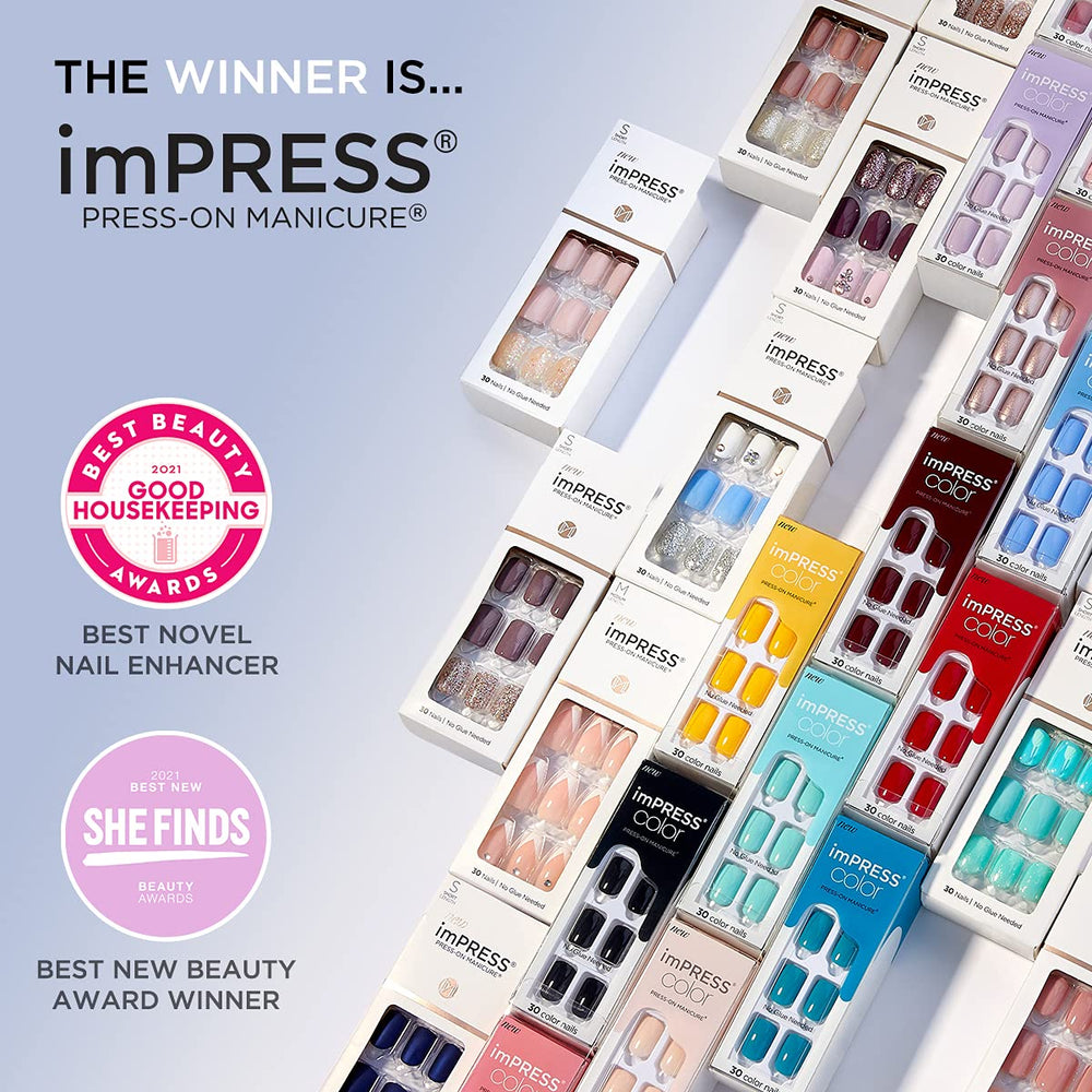 imPRESS Kiss No Glue Mani nails offer durable, waterproof wear with chip resistance.