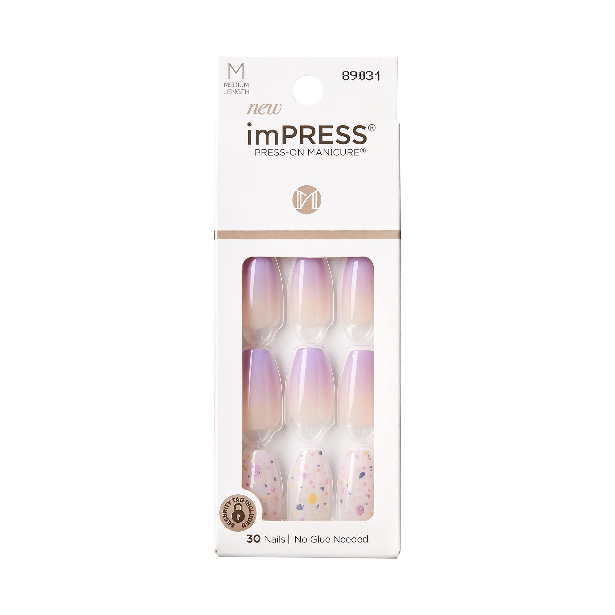 imPRESS No Glue Mani All I Want purple coffin nails ready for quick at-home manicure.