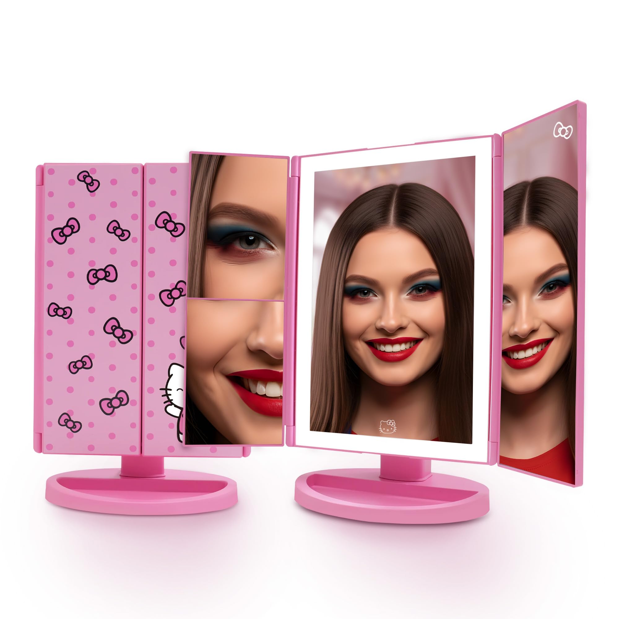 Impressions Vanity Hello Kitty Pink A Dot Trifold mirror front view with artwork for makeup prep