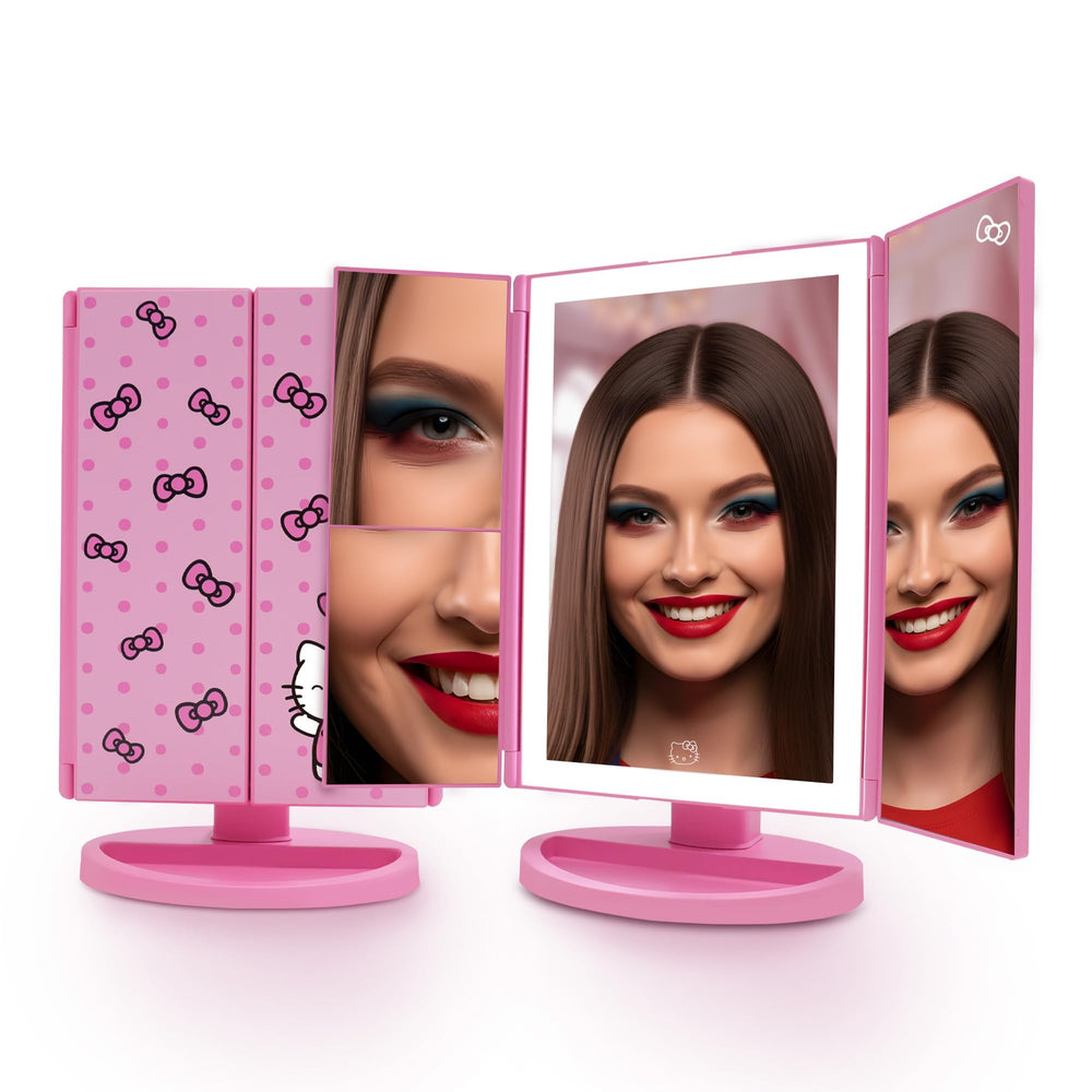 Impressions Vanity Hello Kitty Pink A Dot Trifold mirror front view with artwork for makeup prep