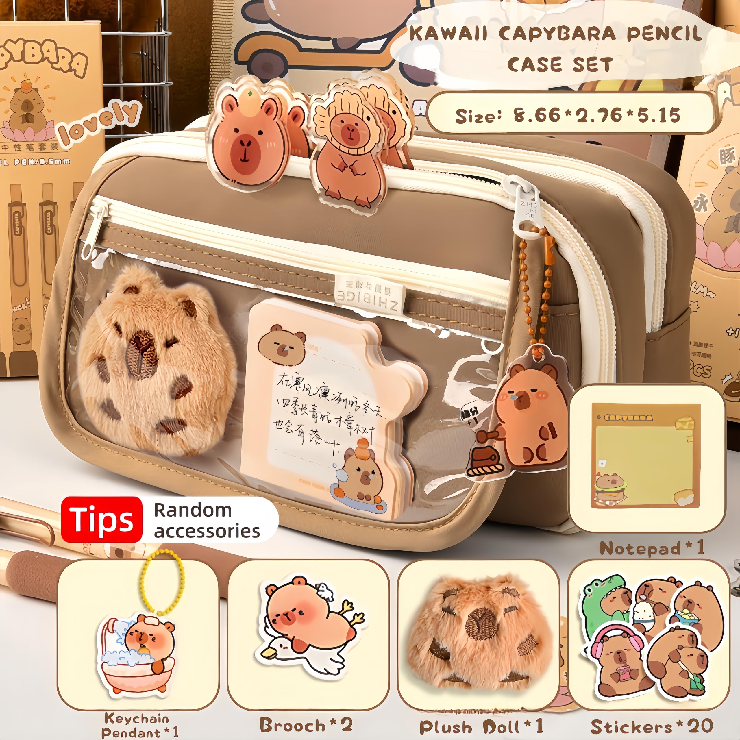 IN Chenthy Capybara pencil case kit two brooches; accessorize bags and outfits.
