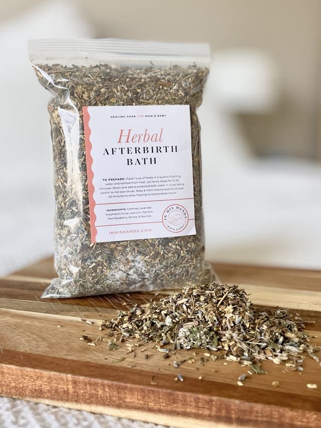 In His Hands herbal postpartum bath ingredients arranged for a calming blend.