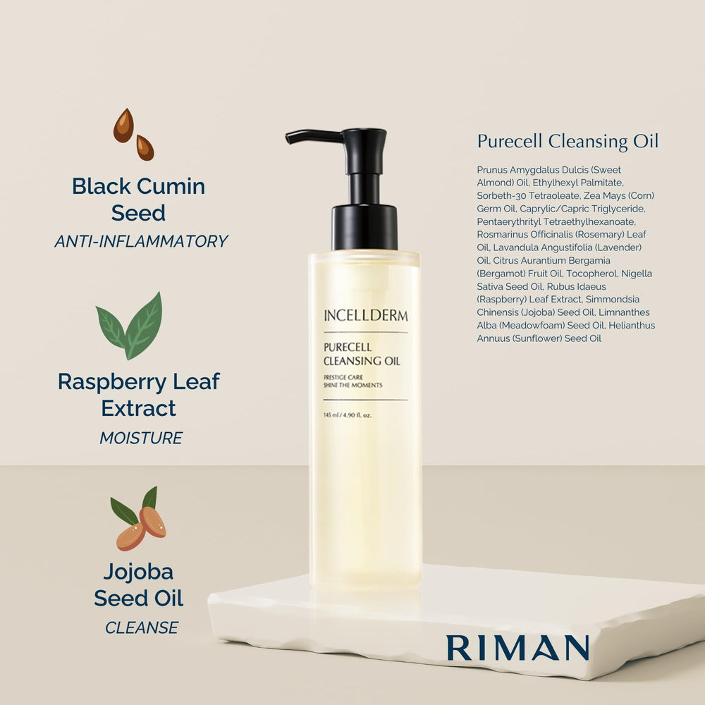 INCELLDERM PureCell cleansing oil packaging—compact bottle ideal for daily routine.