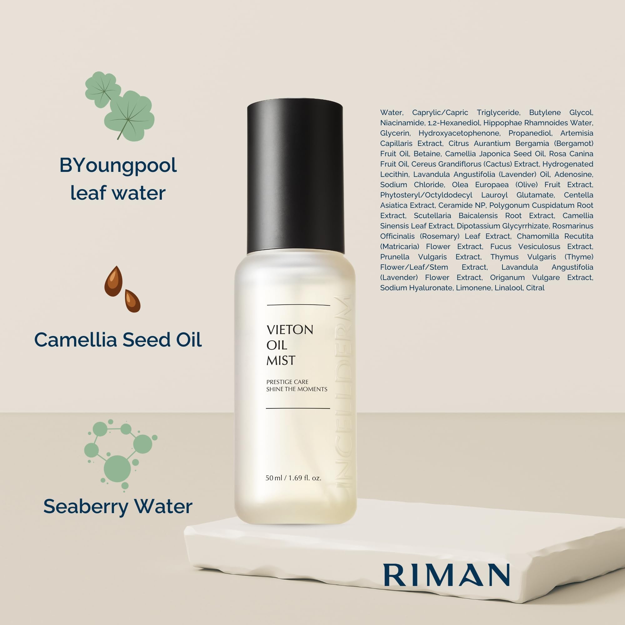 INCELLDERM Riman Vieton Oil Mist cruelty-free-sustainable-packaging visual communicates ethics and care
