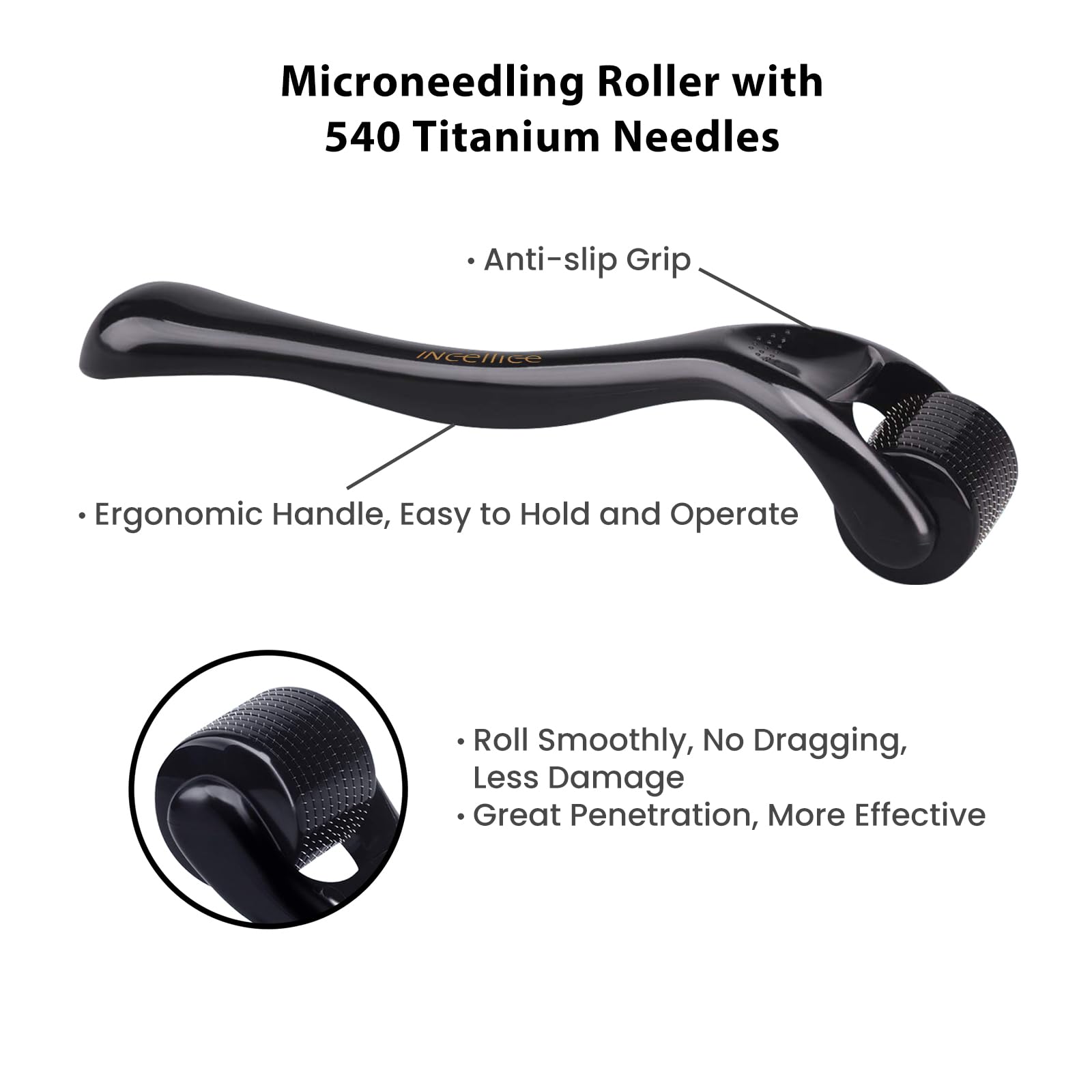 INCELLICE Derma Roller ergonomic handle for comfortable, precise microneedling