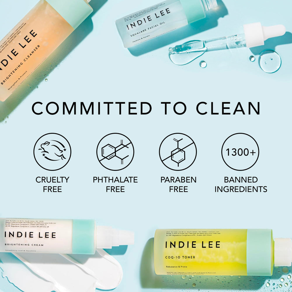 Indie Lee Brightening Cleanser packaging-main showcases clean skincare promise.