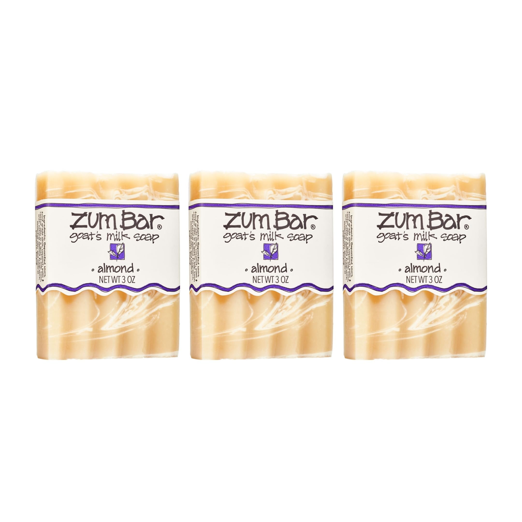 Indigo Wild Zum Goat Milk Soap Bar Almond packaging in a 3-pack display for everyday use.